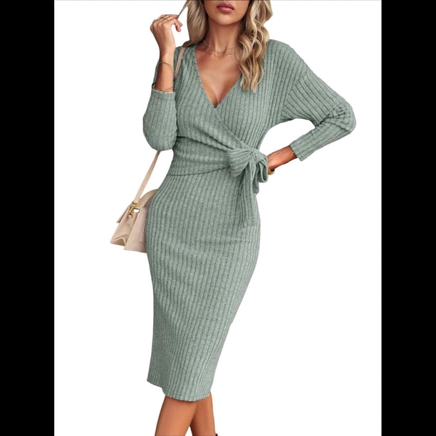 Vestido de Suéter de Larga para Mujer, Vestido Ajustado con Abertura Lateral, Otoño, Midi, , Escote en V Profundo, Ajustado, Verde XXL