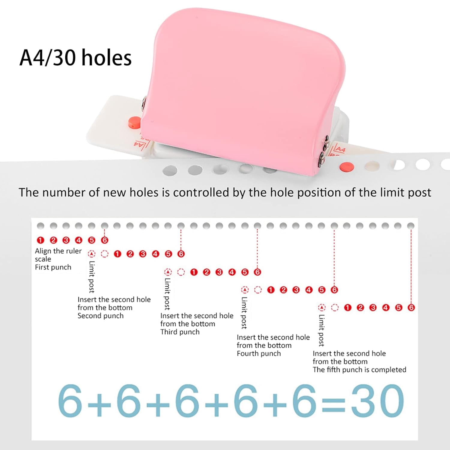 ABCISI 6 Hole Punch, Loose Leaf Paper Puncher for A4/A5/B5 Size, Portable Handheld Metal Circle Punch Paper Puncher, 5 Sheet Capacity, Pink