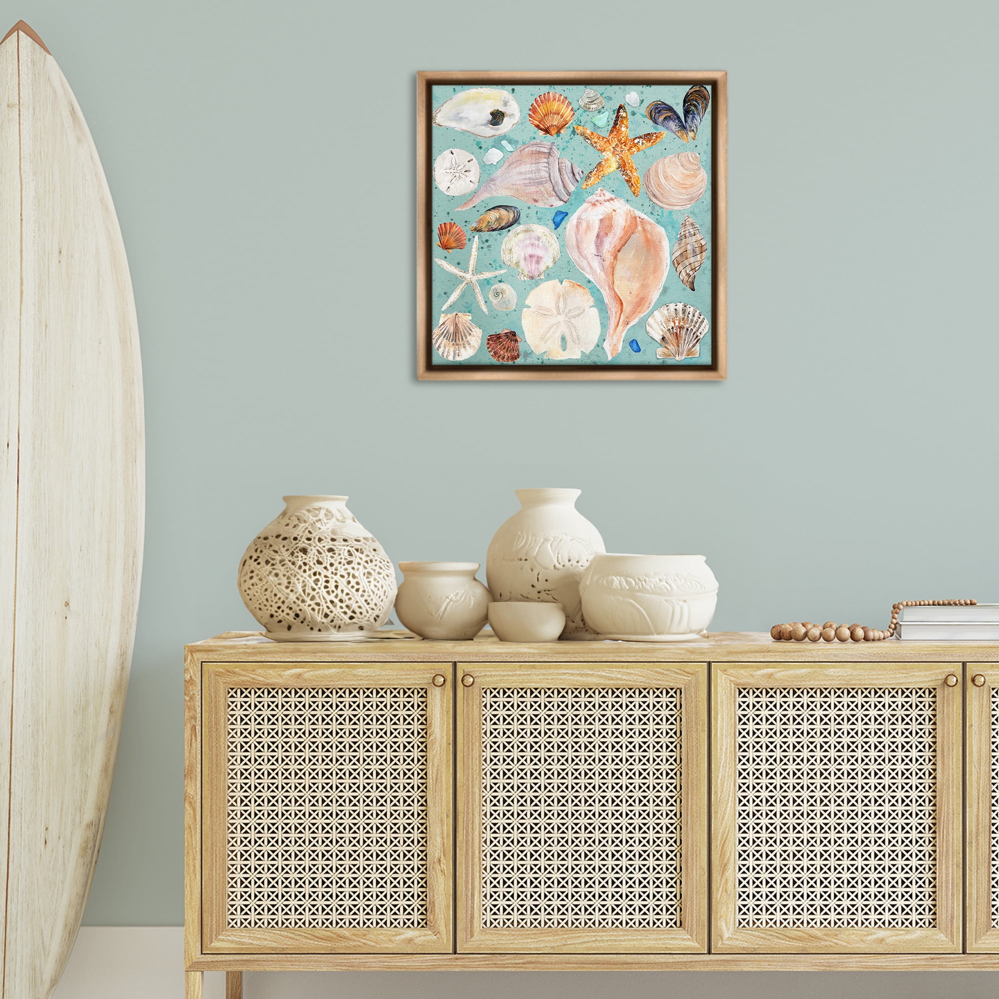Stupell Industries Seashell Puzzle Pattern Coastal Painting Brown Floater Framed Canvas Art Print Wall Art, 25 x 25