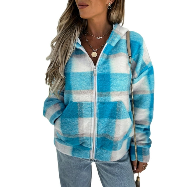 Veste à Capuche Décontractée pour Femmes à Manches Longues avec Fermeture Éclair, Imprimé à Carreaux, Poches, Chandail en Molleton d'Automne
