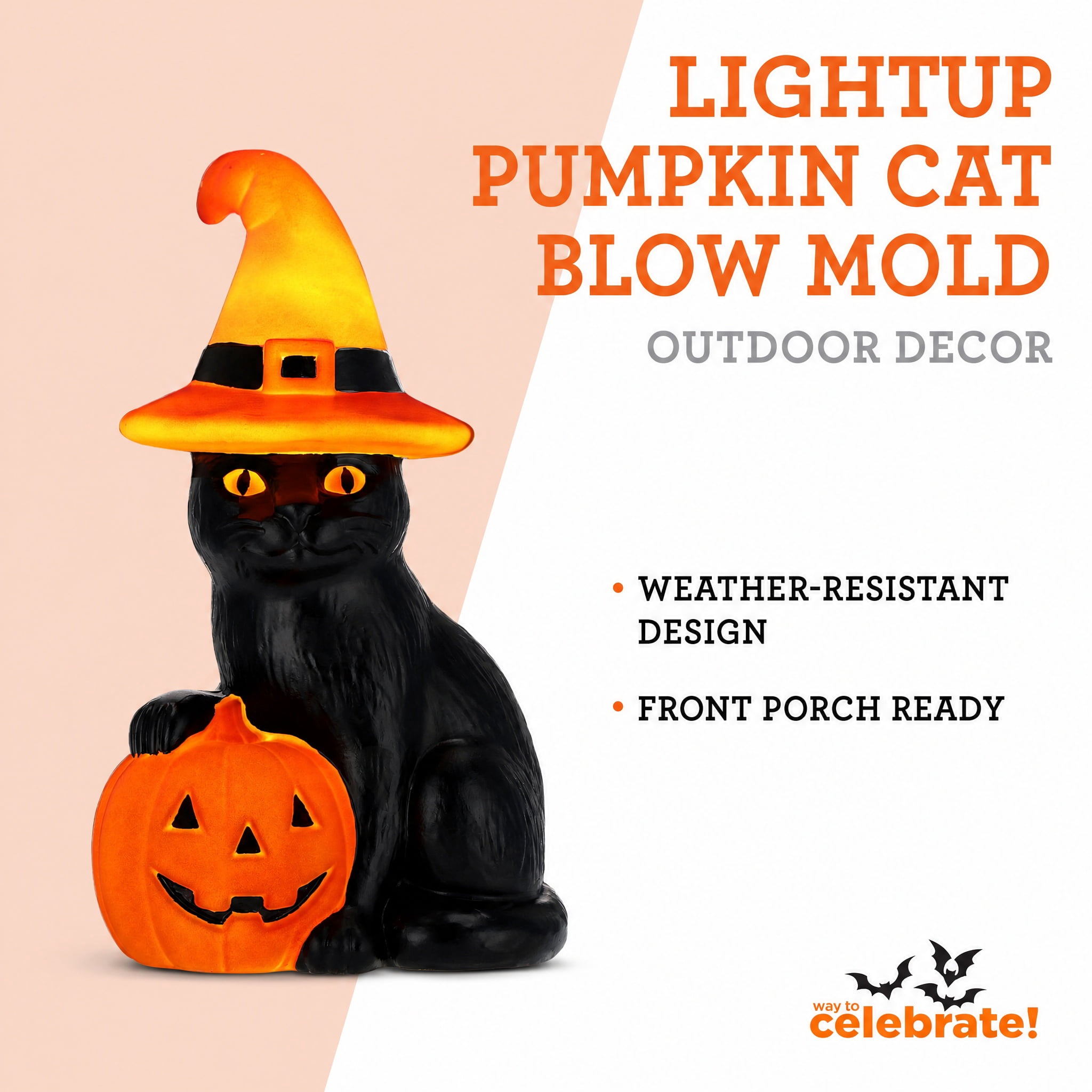 Light-Up Pumpkin Cat Blow Mold Outdoor Decoration, Orange and Black, 18", Halloween by Way To Celebrate