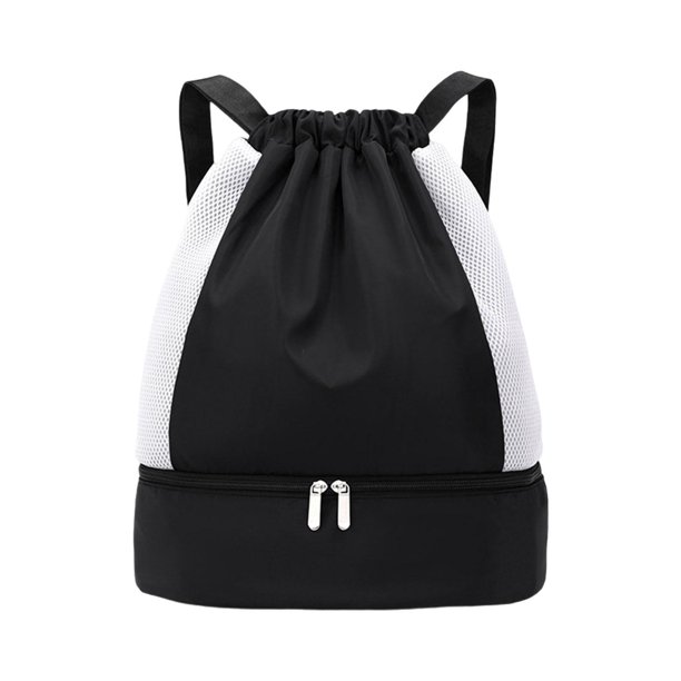 Mochila con cordón ajustable, resistente al agua, para hombres y mujeres, con separación para ropa seca y mojada. Negro