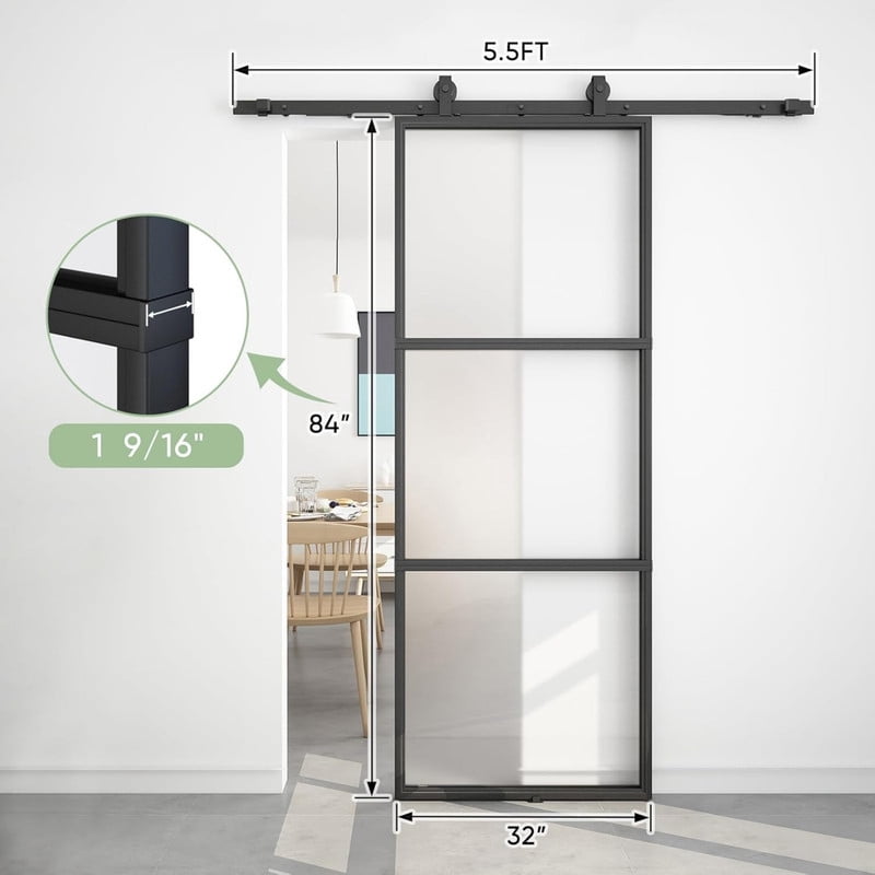 Easy4Home 32"x84" Frosted Glass Sliding Barn Door with Track and Hardware Kit