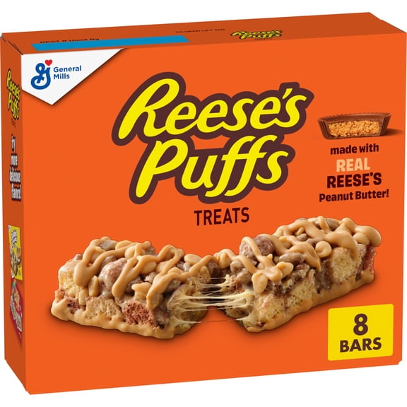 REESE'S Puffs Cereal Treat Bars, Peanut Butter and Cocoa, Snack Bars, 8 Count, 6.8 oz