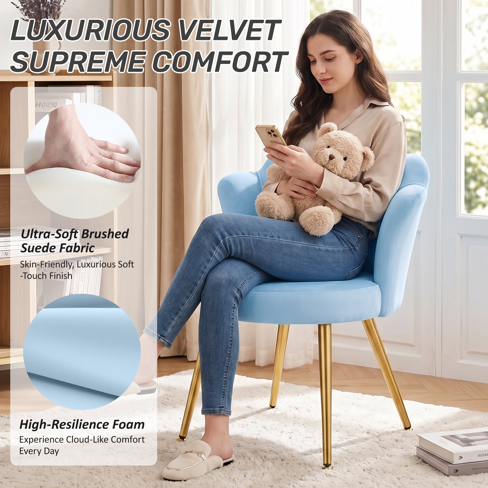 COOLHUT Petal Velvet Vanity Chair, Flower Cute Girls Mack Up Vanity Stool Chair with Lumber Pillow and Adustable Gold Legs, Upholstered Small Desk Chair for Living Room Bedroom Home Office, Blue