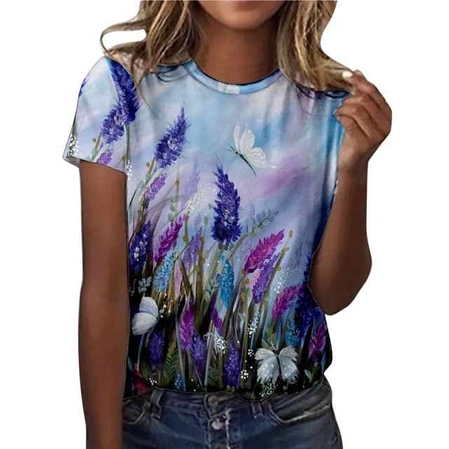 Blusa informal de manga corta con cuello redondo y estampado de verano a la moda para mujer Pompotops hfajkhk134188