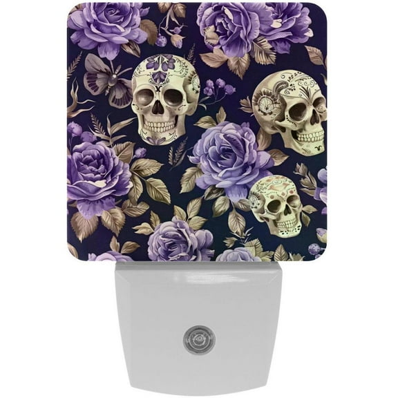 PhooArto Purple Rose Sugar Skull Plug in LED Night Light Auto Sensor Dusk to Dawn Decorative Night for Bedroom, Bathroom, Kitchen, Hallway, Stairs, Baby's Room, Energy Saving