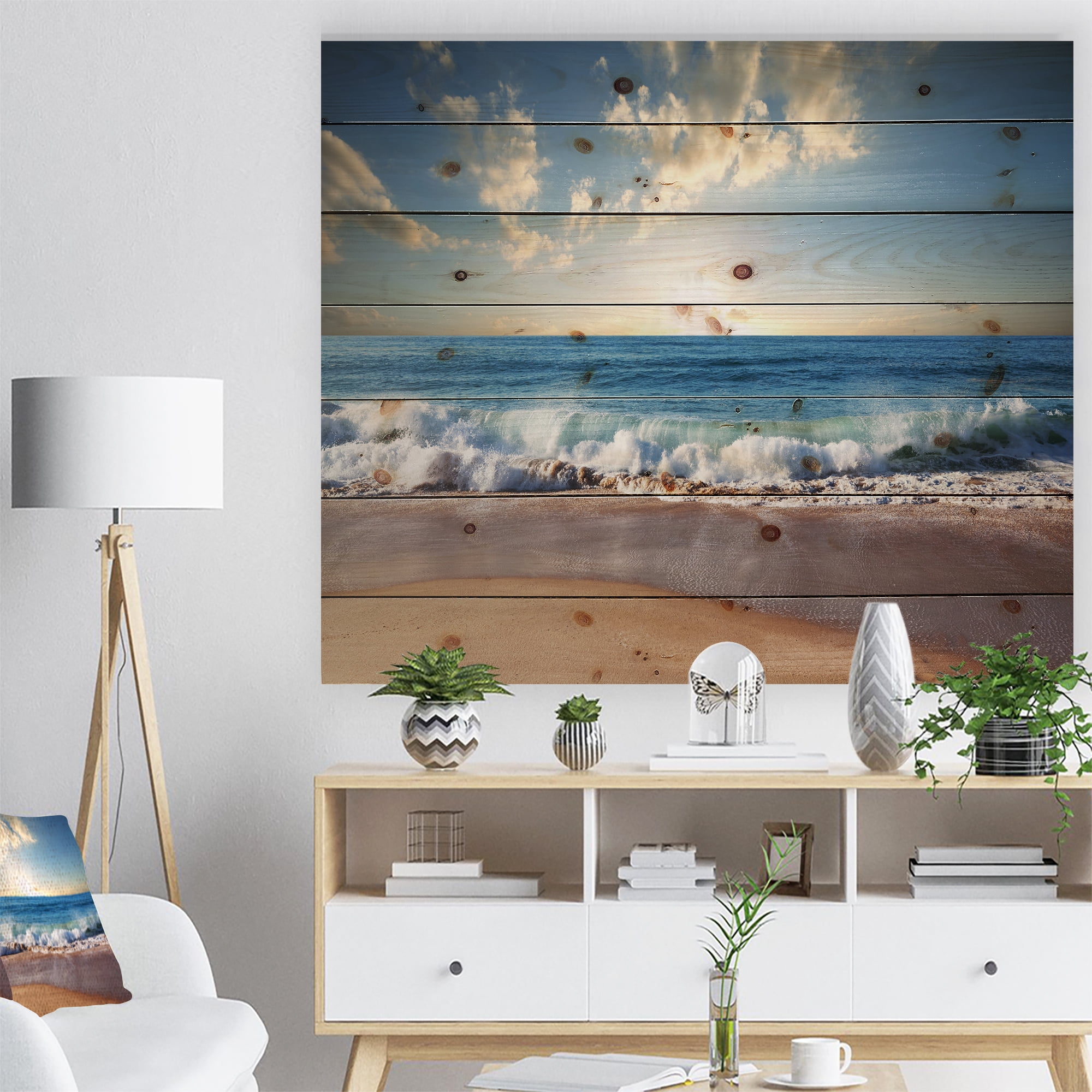 Designart Sea Sunset Sea & Shore Print on Natural Pine Wood Photography, 40" x 30"