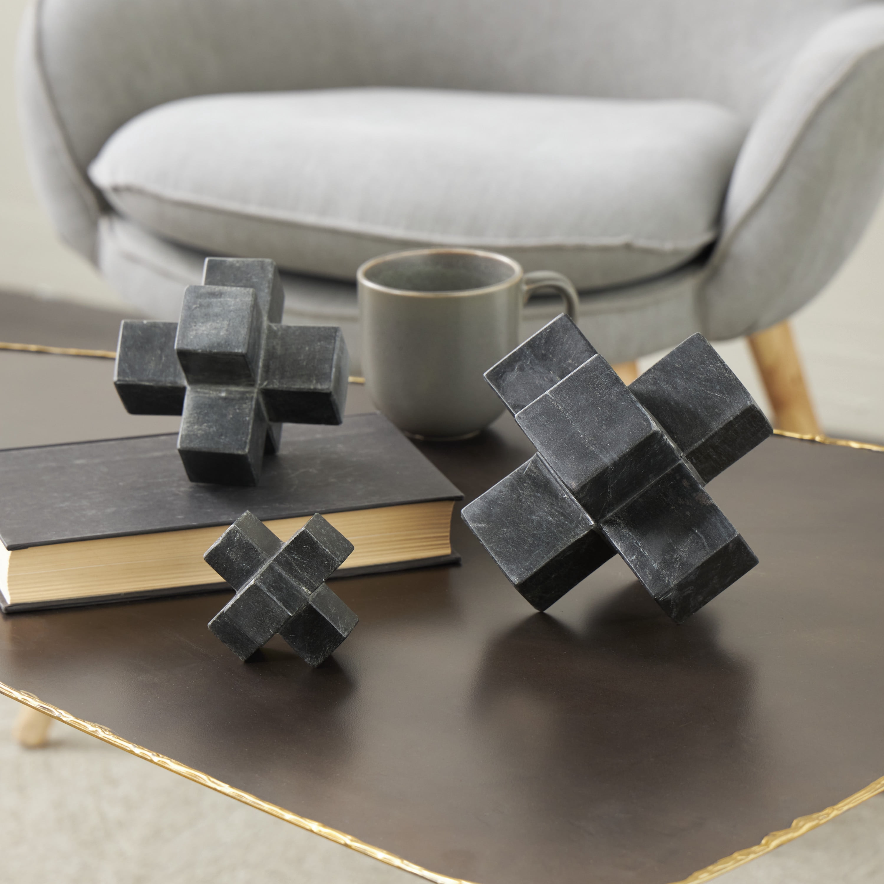 6", 5", 3"H Black Marble Geometric Jack Sculpture, by DecMode (3 Count)