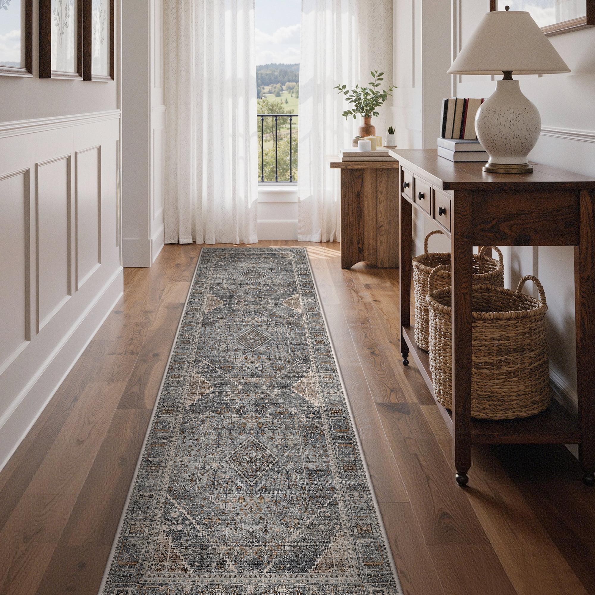 DEORAB Runner Rug 2.5X8 Non Slip Hallway Vintage Rugs, Machine Washable Lightweight Mat for Living Room, Entryway, Bedroom, Kitchen and Passage, Ultra-Thin