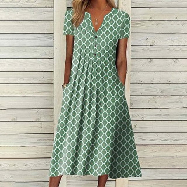 WILLBEST Vestido Informal Con Cuello En V Y Botones Para Mujer, Estampado, Elegante Y Cómodo. 3020