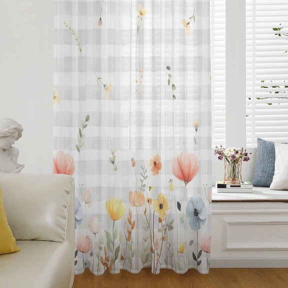 Botanical Wildflowers Semi Sheer Curtains Drapes for Living Room,Bedroom,French Doors Window 63 Inches Long,Spring Farmhouse Floral Grey Plaid Rod Pocket Chiffon Curtain Drapery Voile Draperies Panel