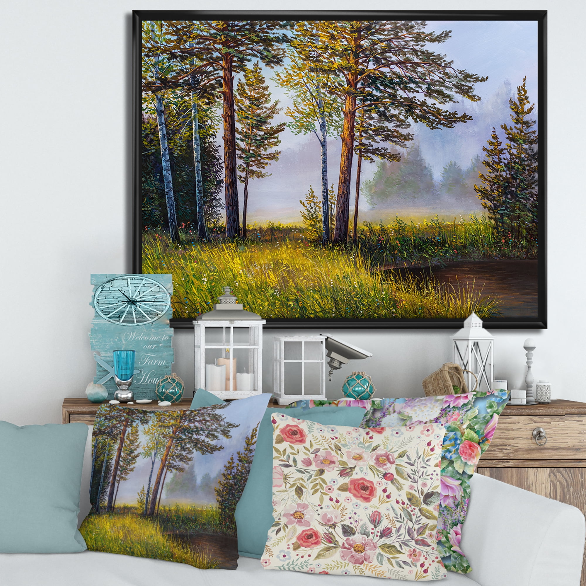 Designart 'Subtle Sunset Light Through The Trees III' Lake House Framed Canvas Wall Art Print