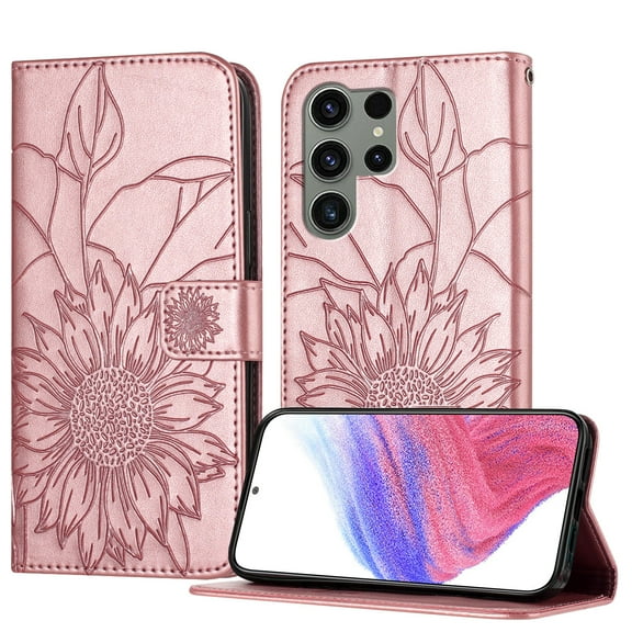 Decase Wallet Case for Samsung Galaxy S23 Ultra Case with Card Holder,Sunflower Pattern Leather Phone Case with Kickstand Magnetic Closure Shockproof Cover Fits for Samsung Galaxy S23 Ultra,Rosegold