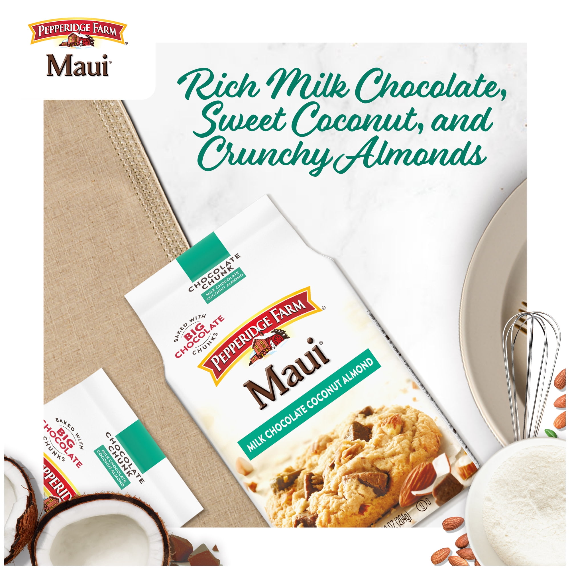 Pepperidge Farm Maui Milk Chocolate Coconut Almond Cookies, 8 Crispy Cookies, 7.2 oz. Bag