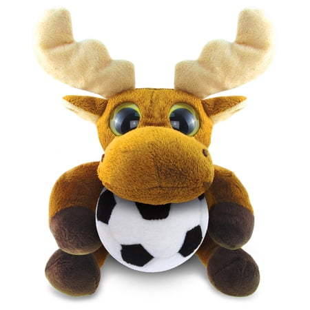 DolliBu Big-Eyed Moose Stuffed Animal with Soccer Ball Plush - Soft Huggable Moose Adorable Playtime Plush Toy Cute Wildlife Gift Super Soft Plush Doll Animal Toy for Kids and Adults - 6 Inch