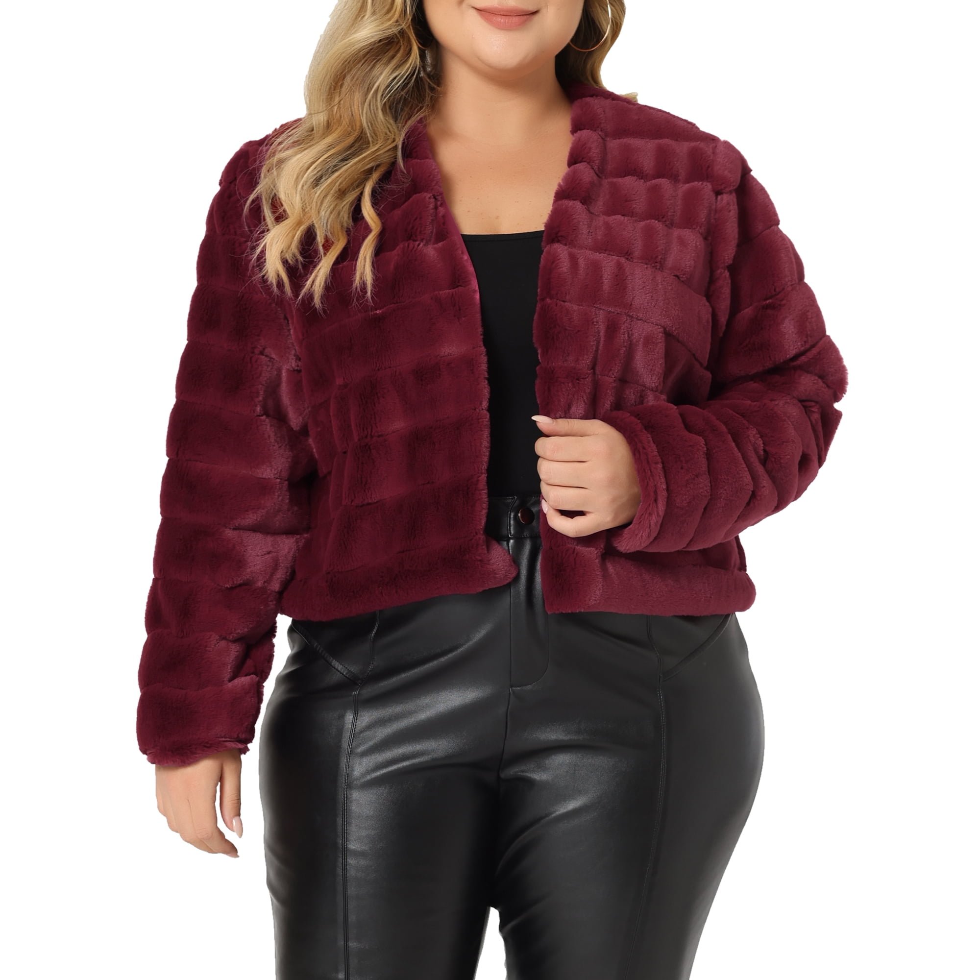 Unique Bargains Women s Plus Size Fluffy Jacket Open Front Cropped Faux Fur Winter Jackets Burgundy 3X Walmart