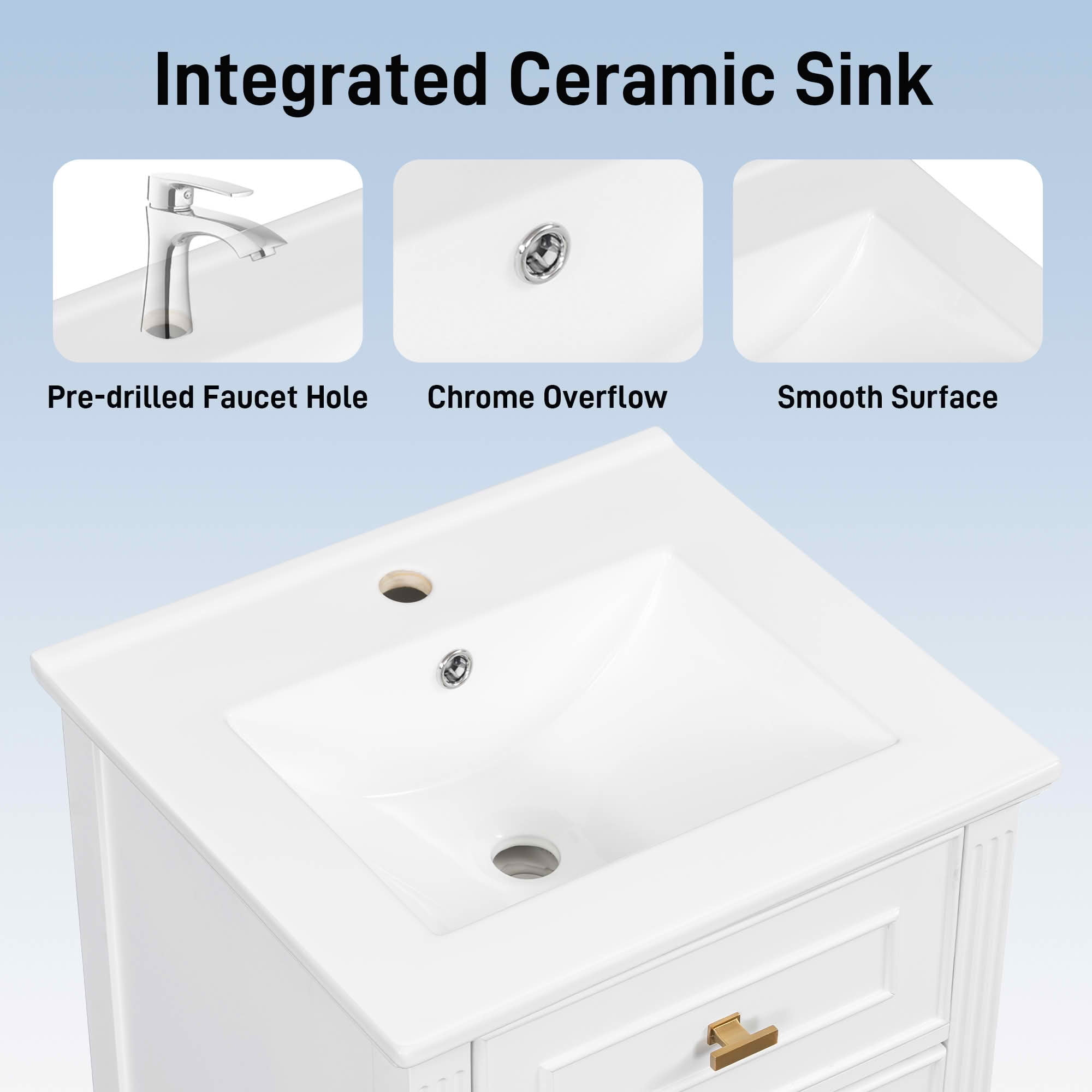 MAYEERTY 20-Inch Bathroom Vanity with Sink, Solid Wood Legs Adjustable Shelf Tilt-Out Drawer Zinc Alloy Knobs, Modern Freestanding Small Bathroom, White