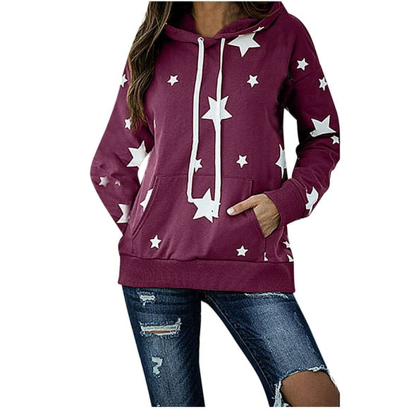Birdeem Womens Casual Five-Pointed Star Printing Long Sleeve Hooded Sweater Loose Top