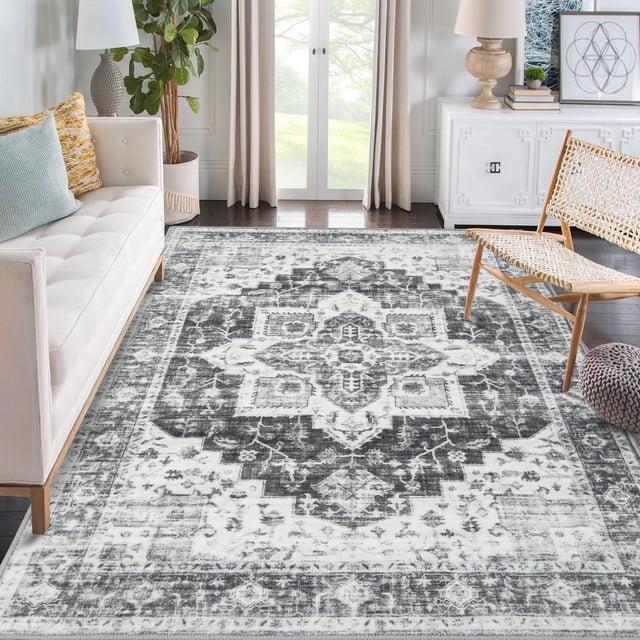 Garvee 5' x 7' Vintage Persian Area Rug for Living Room Bedroom Machine Washable Distressed Print Carpet Low Pile No-Slip Rug, Gray