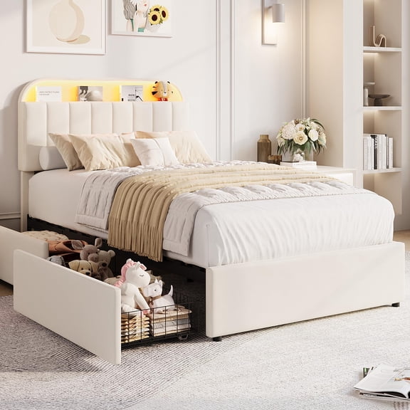 Twin Bed Frame with Storage Headboard & 2 Drawers, Velvet Upholstered Platform Bed Frame with Lights, No Box Spring Needed Easy Assembly, Velvet White