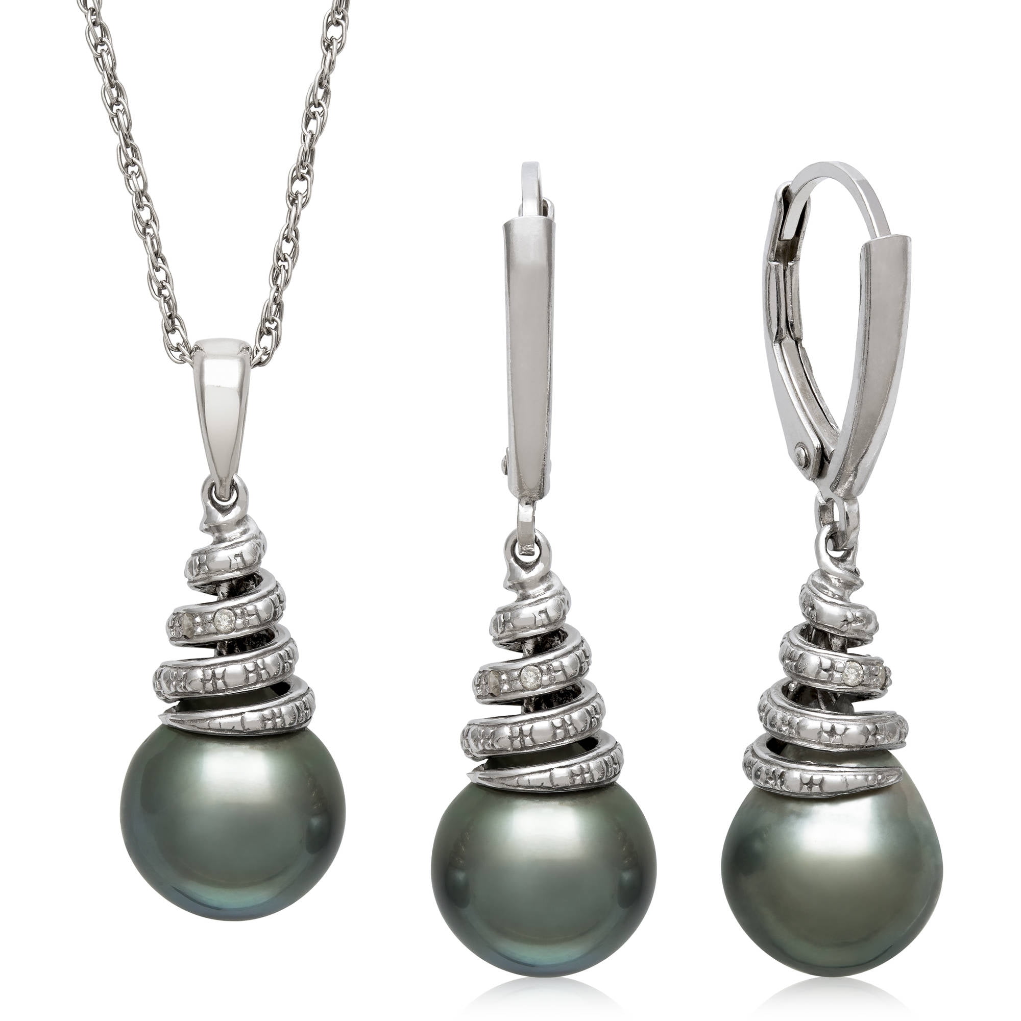 9-10mm Tahitian Black Pearl and Diamond Accent Sterling Silver Swirl Pendant and Earring Set, 18" by China Pearl