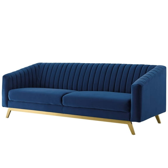 Modern Contemporary Urban Design Living Room Lounge Club Lobby Tufted Loveseat Sofa, Velvet Fabric Metal Steel, Navy Blue