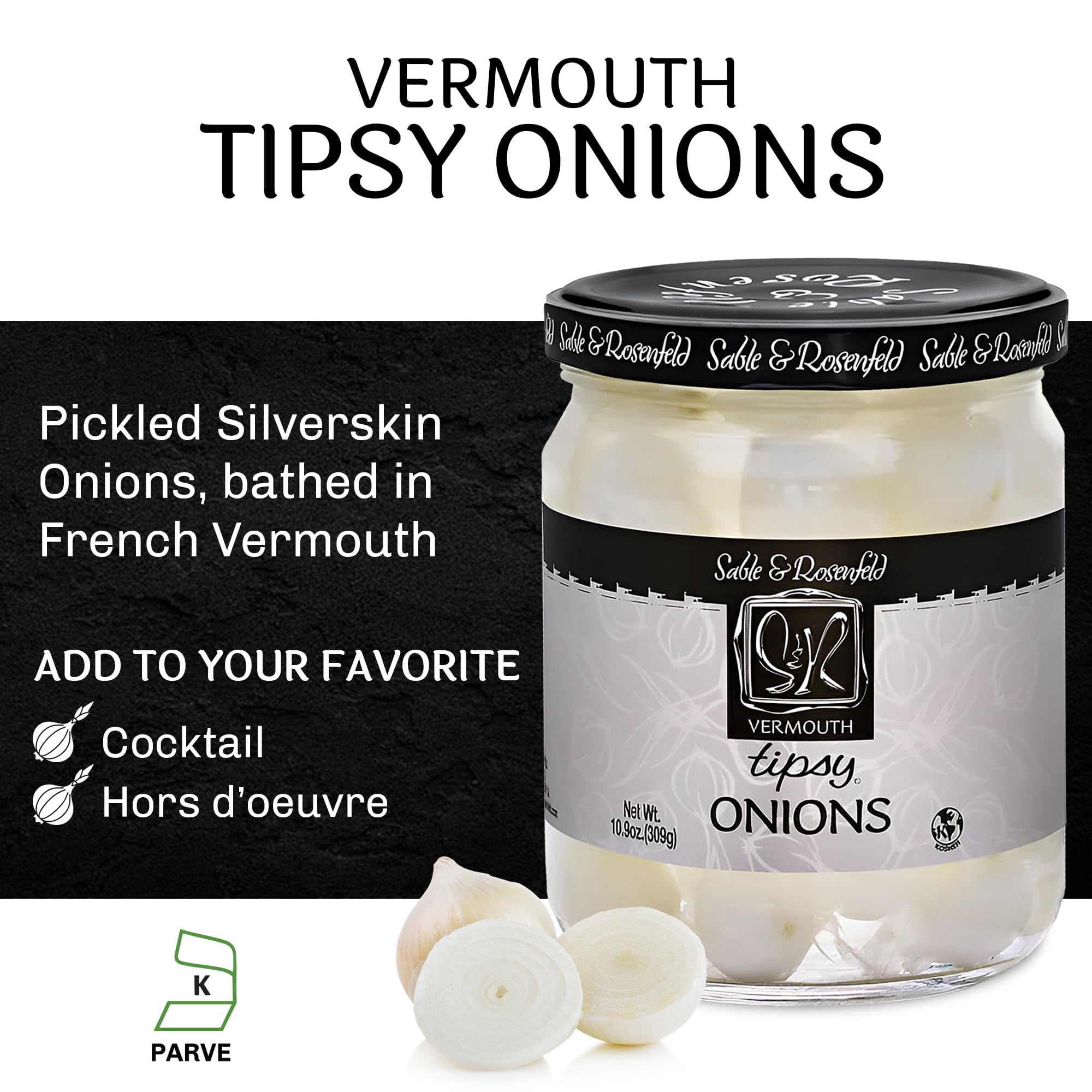 Tipsy Cocktail Onions in Jar with KKS1&nbsp;French Vermouth - Pickled Silverskin Onions for Cocktails, Appetizers, and Hors d'Oeuvres, Kosher Parve - Sable & Rosenfeld - 10.9 oz - Pack of 2