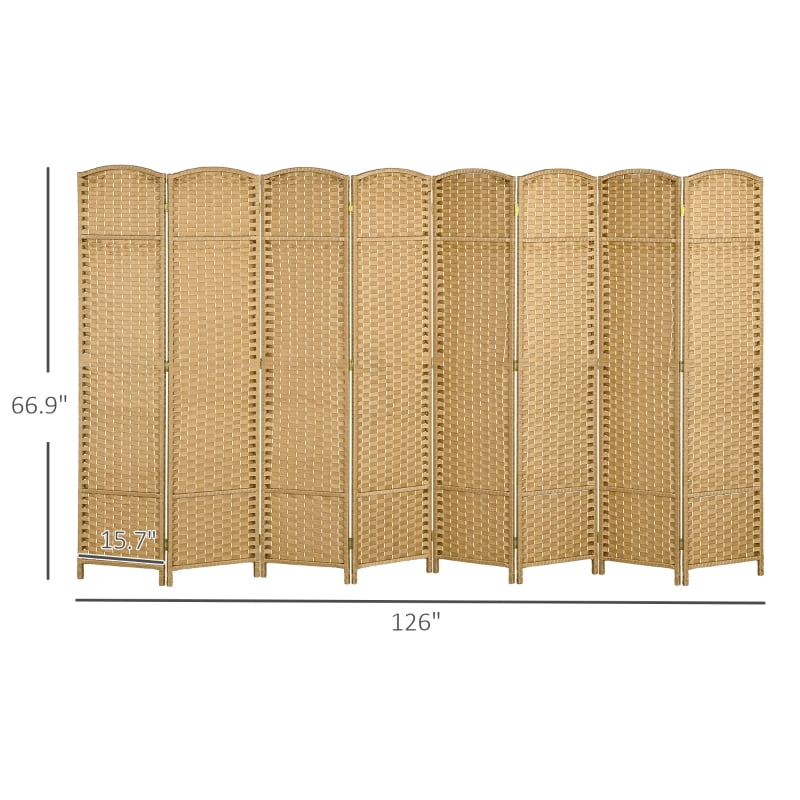 Alvantor 8-Panel Folding Privacy Screen with Hand-Woven PP Panels, Freestanding Room Divider 126"x66.9" Nature Wood