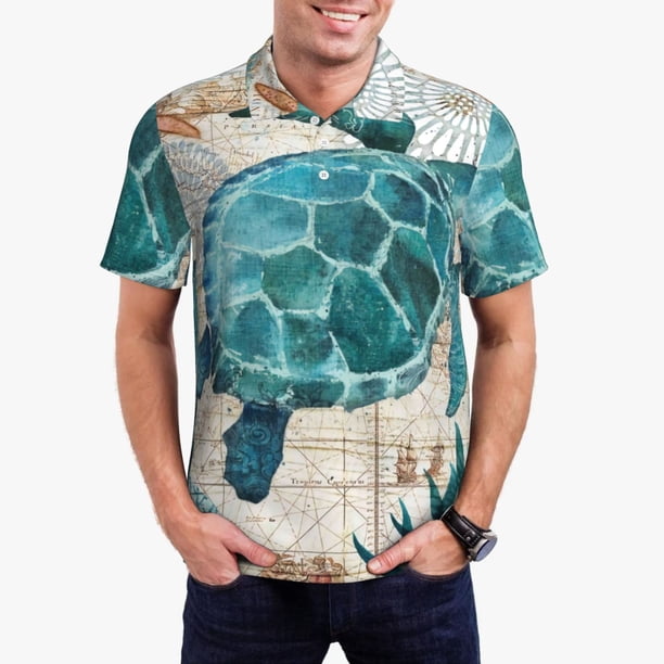 Fotbe Watercolor Sea Turtle Camiseta Polo de Golf para Hombre con Estampado – Camisa Deportiva Transpirable con Cuello Abotonado-Large