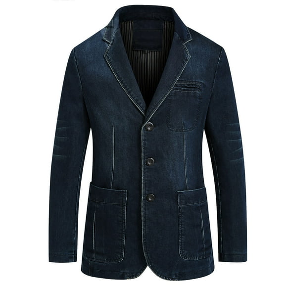 Lovzfmll Men's Denim Blazer Washed Casual Jacket 3-Button Single Breasted with Pockets Dark Blue, XL
