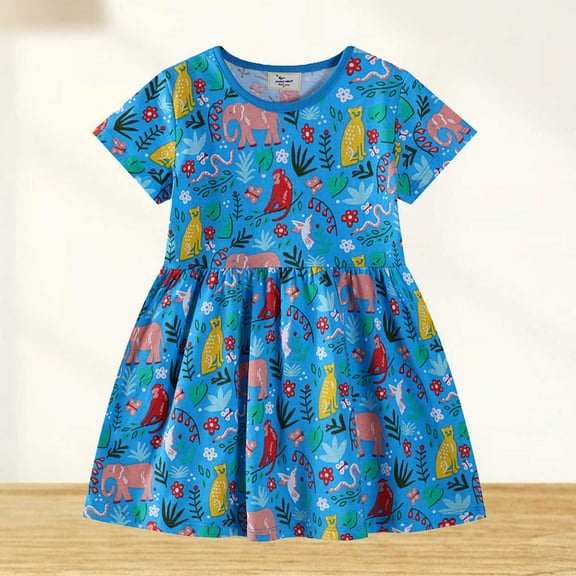 JUoaLXG Baby Girls Casual Dresses Summer Cotton Short Sleeve Dress Holiday Wear,Blue,1-2 Years
