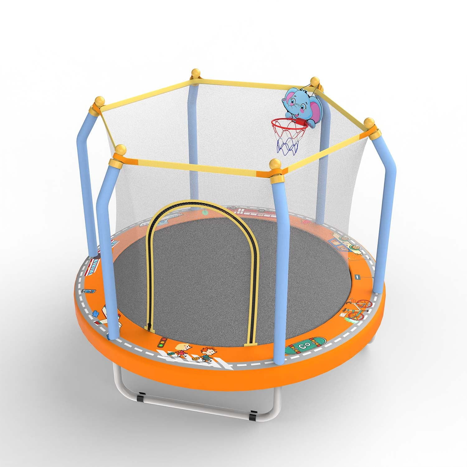 Kids Trampoline with Basketball Hoop, SUREGO 55” Indoor Outdoor Toddler Trampoline with Safety Enclosure, Foam-Padded Poles & 30 Springs, Small Trampoline for Boys & Girls, Dark Orange