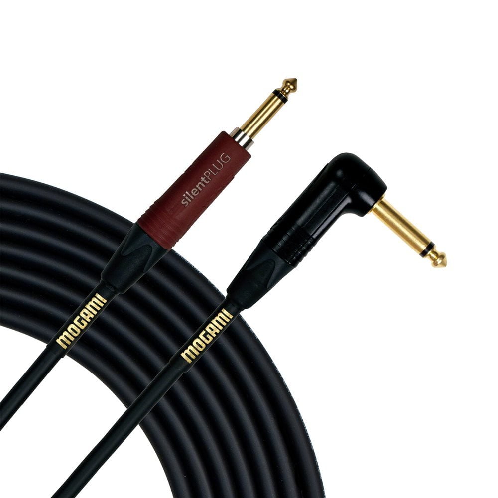 Mogami GOLD INSTRUMENT SILENT S-18R Instrument Cable, Gold 1/4" TS Right Angle Plug Connector with Straight Neutrik silentPLUG, 18 ft.
