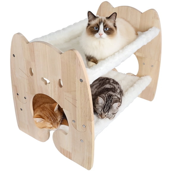 Solid Rubberwood 2-Tier Cat Bed - Extra Large Sturdy Cat Furniture for Multi-Cat Households, Cute Cat Face Side Panels, Machine Washable & Removable Plush Cushions