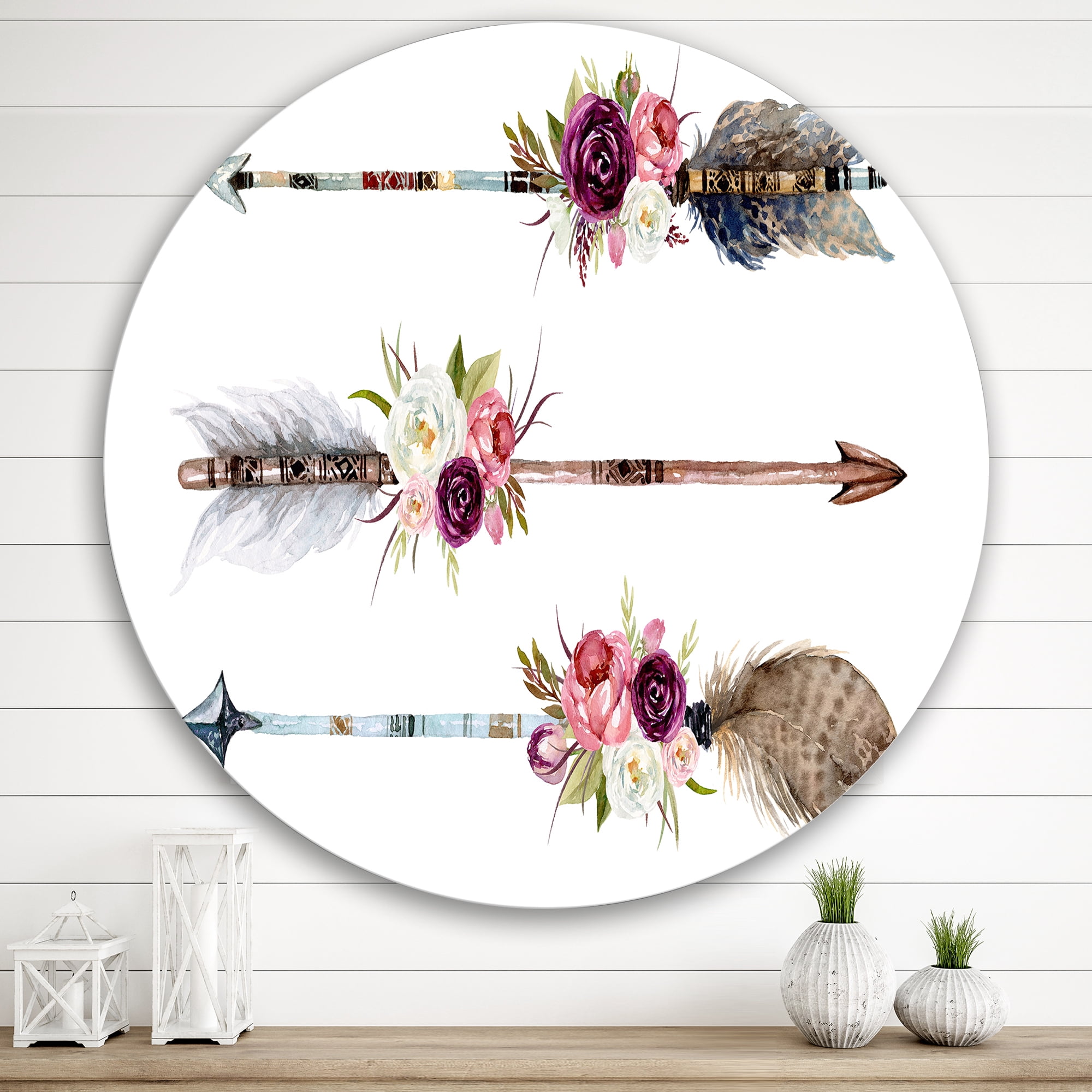 Designart 'Flowers and Ethnic Feathers On Native Arrows III' Bohemian & Eclectic Circle Metal Wall Art 36x36 - Disc of 36