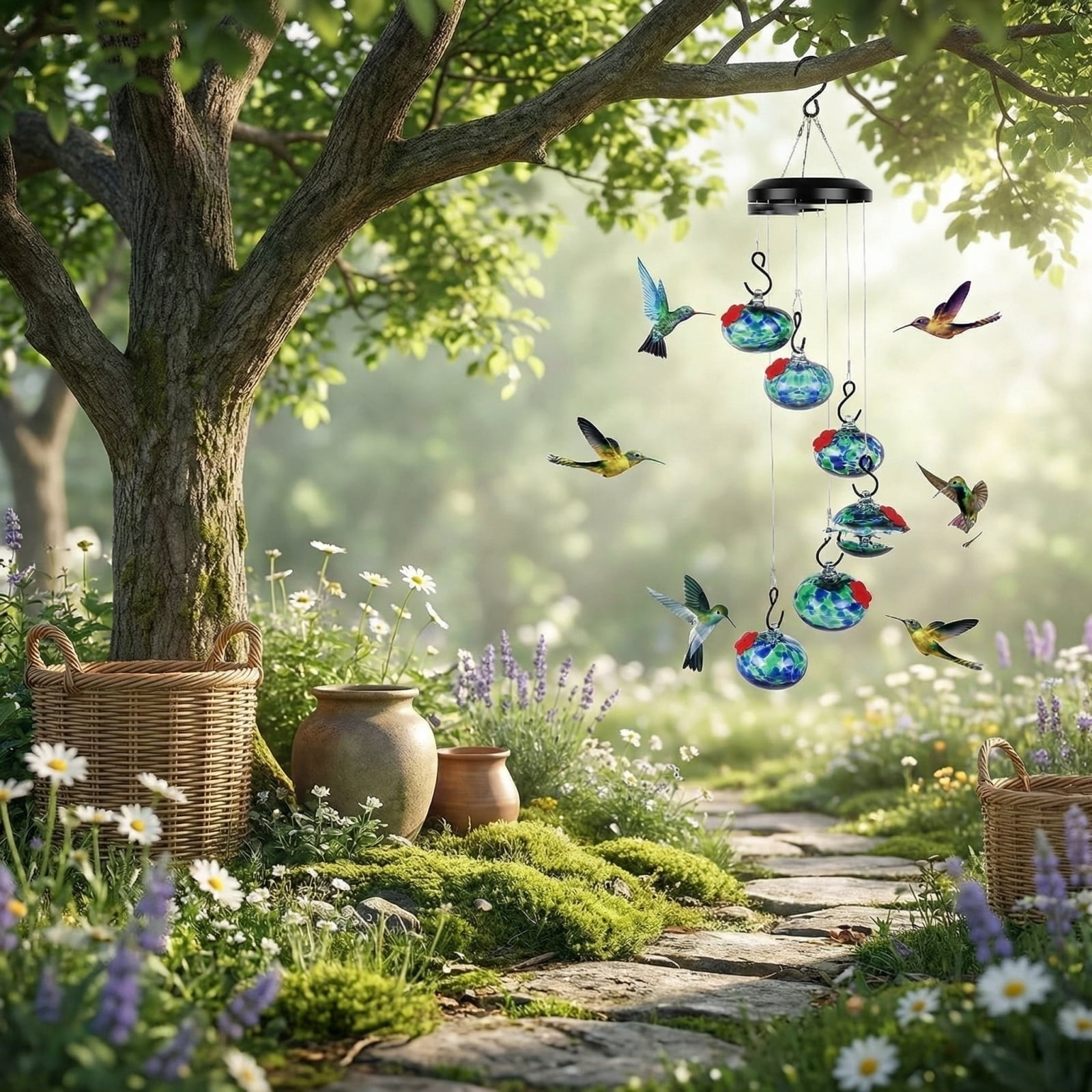 Handblown Glass Hummingbird Feeder Wind Chime with 6 Feeding Stations, Solar Powered Outdoor Hanging Bird Feeder for Garden Yard Decor, Vibrant Leak-Proof Hummingbird Habitat