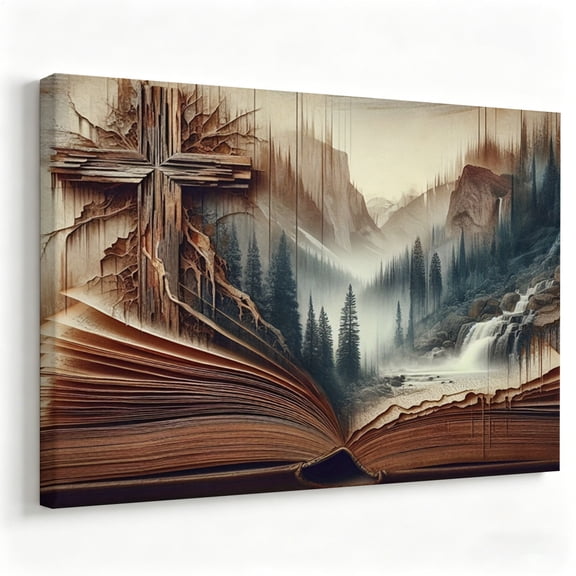 Open Bible and Rugged Cross Canvas Wall Art Mountain Waterfall Landscape Painting Christian Faith Poster Living Room Home Decor Print Ready to Hang 8*12