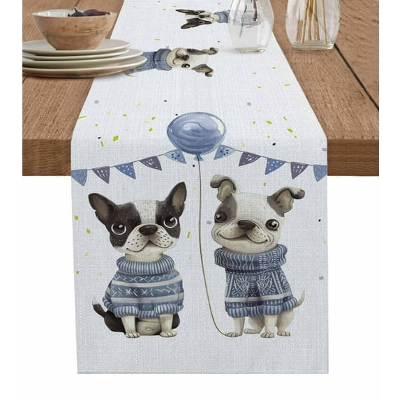 Table Runner Dresser Scarves 60 Inch Long,Cute Pet Dog Bulldog with Sweater Linen Dining Table Runners Balloon Flag on Burlap Tabletop Scarf for Wedding Holiday Party Kitchen