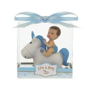 Mega Favors Keepsake Figurine 12 pcs Baby Boy Holding Pacifier Riding Unicorn | Awesome Decorations or Party Favors | for Pregnancy Announcements, Gender Reveals, Birthday and Special Celebrations