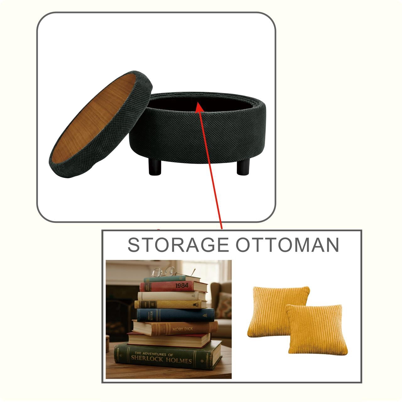 Leumius Storage Ottoman Bench,Round Coffee Table Ottoman,Wooden Top Side Table with Hidden Storage for Living Room,Bedroom,DARK GREY