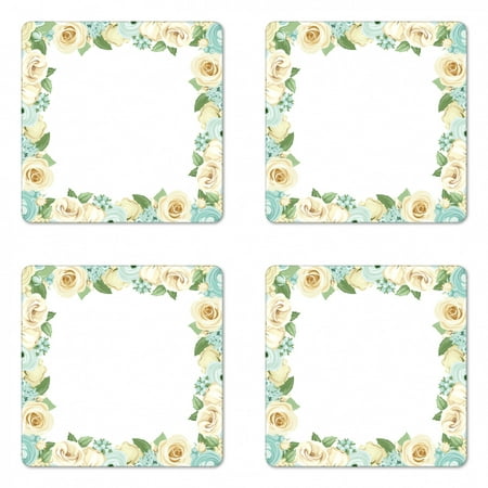 

Shabby Flora Coaster Set of 4 Flowers Roses Leaves Buds Romantic Love Themed Frame Artwork Print Square Hardboard Gloss Coasters Standard Size Blue Green and Cream by Ambesonne