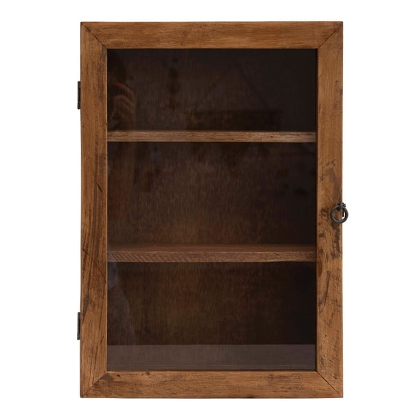 24"H Mango Wood with 2 Shelves & Glass Door with Hook & Eye