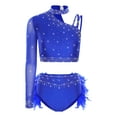 thumbnail image 5 of SiiRoh Women Ballroom Latin Dance Set One Shoulder Crop Top with Feather Briefs Belly Dancing Outfit Royal Blue XXL, 5 of 7