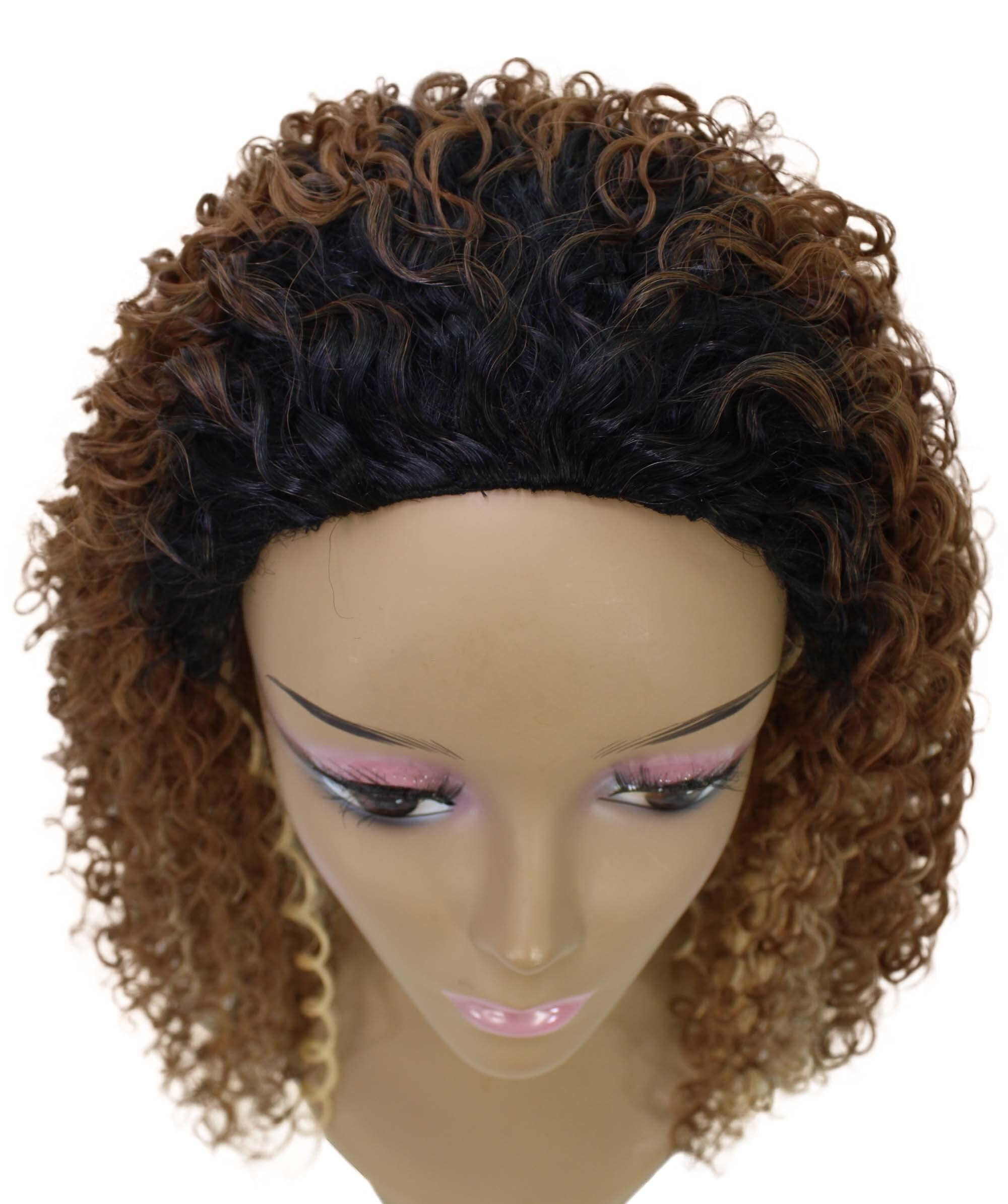 LUXLUXE Isadora Curly Body Waves 22.5 in Long Half Wig Half Cap Wig, Mix Human Hair and Synthetic Fibers, Copper Blonde to Black Blend