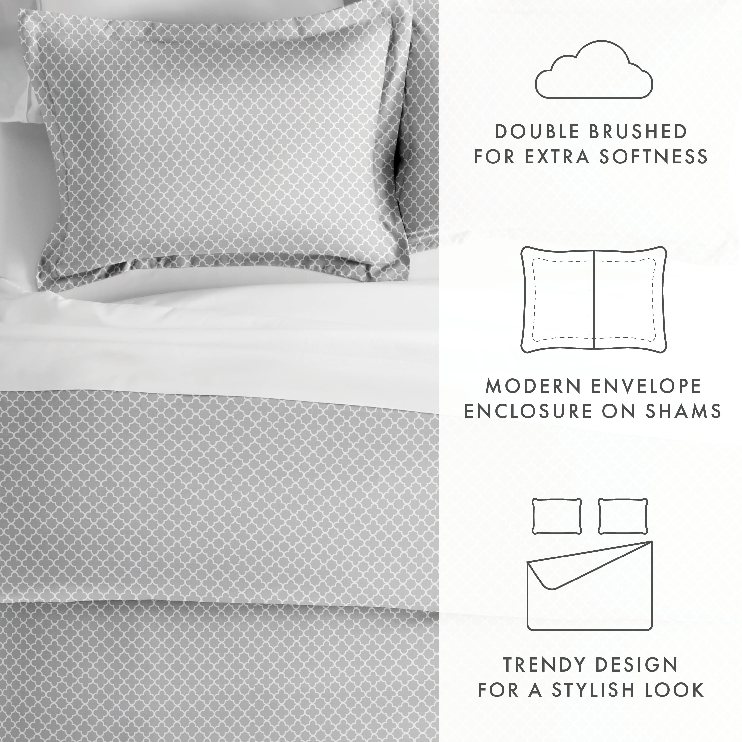 Noble Linens Gray Quatrefoil Pattern Duvet Set 3-Piece Duvet Cover Set, King/Cal King