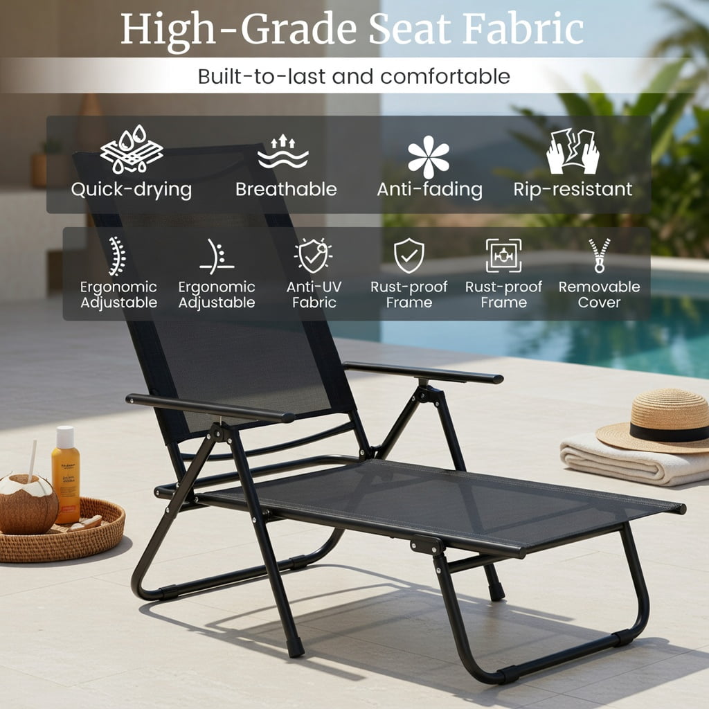 Hommoo 2-Pack Foldable Patio Chaise Lounge Chairs with 6-Position Reclining Backrest, Heavy-Duty Metal Frame, Quick-Dry Fabric, Black