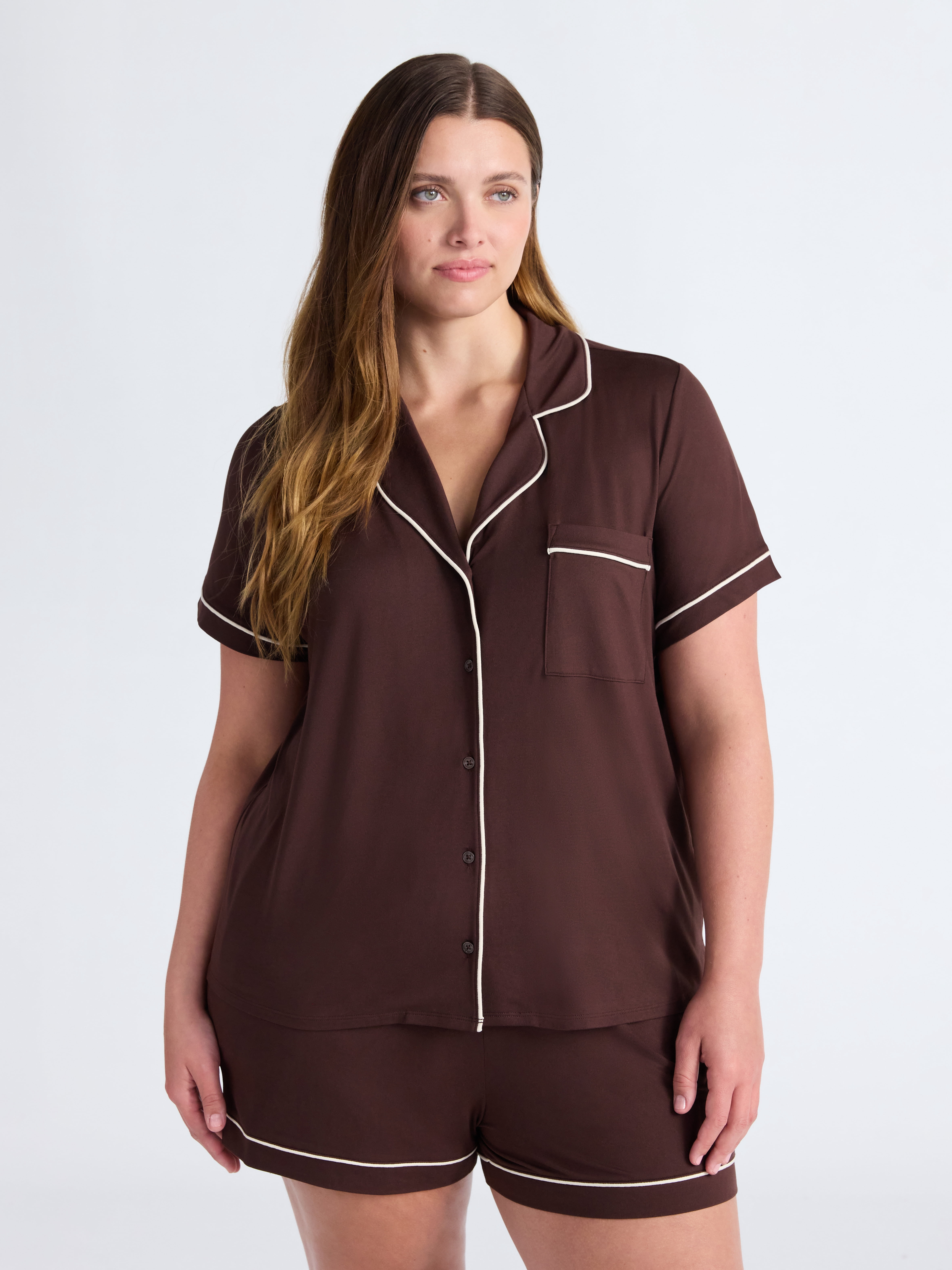 Joyspun Women’s Dreamy Soft Collection Notch Collar Knit Top and Boxer Shorts Pajama Set, Sizes XS-3X