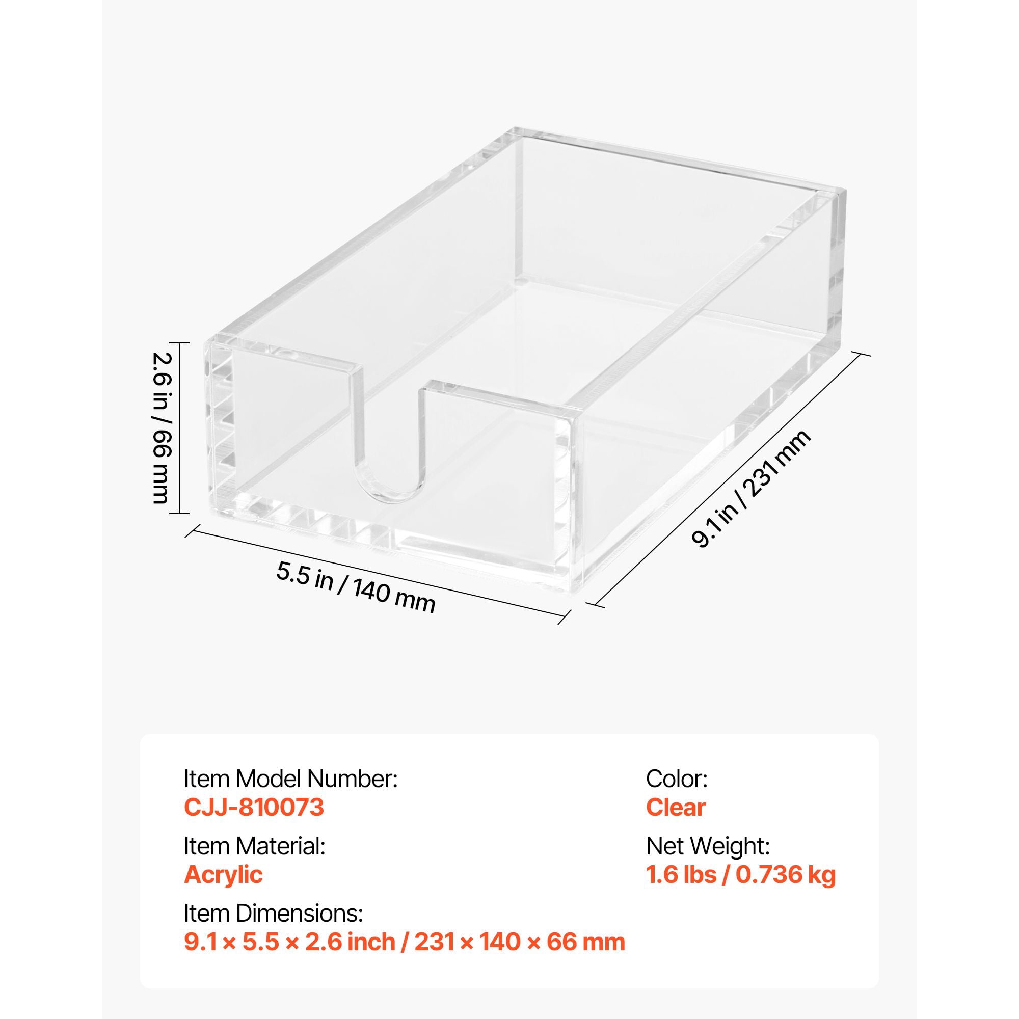 Acrylic Napkin Holder, 0.37 Inch Thickened Clear Acrylic, Large U-Shaped Side Opening, Smooth Rounded Corners, 9.1x5.5x2.6 Inch, Versatile for Bathroom and Restaurant