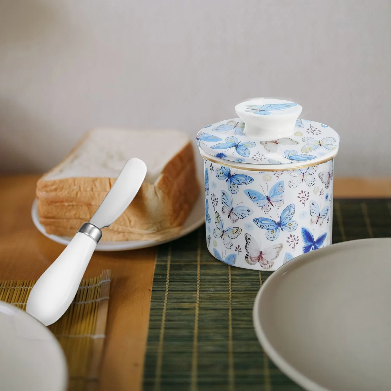 J.west Ceramic Butter Dish Butterfly Farmhouse Butter Crock for Counter with Water Line French Butter Keeper with Lid Bell Shaped
